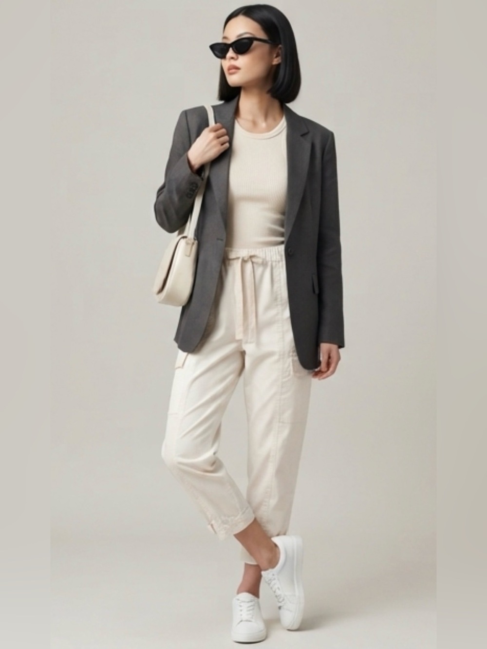 Zara Barrel Elastic Waist Paper Bag Ankle Pants Off White Womens Size XL